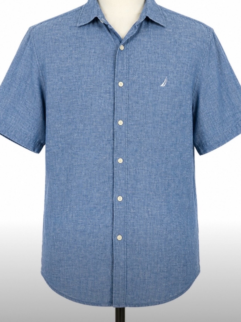 Nautica Men’s Linen Cotton Button Down Shirt Blue Large Short Sleeve Coastal